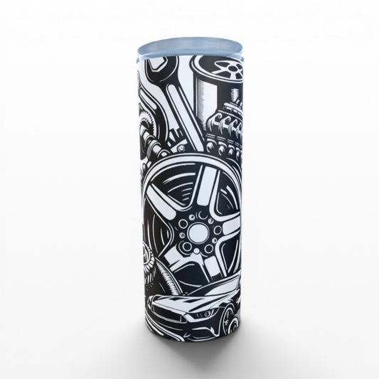 Illustrated Solutions Store black and white car enthusiast tumbler with engine parts and car design.