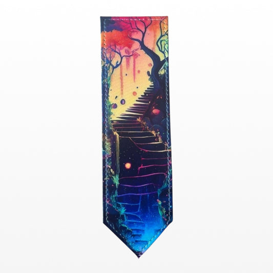 Illustrated Solutions Store leather bookmark featuring a surreal dreamscape stairway with vibrant colours and imaginative details.