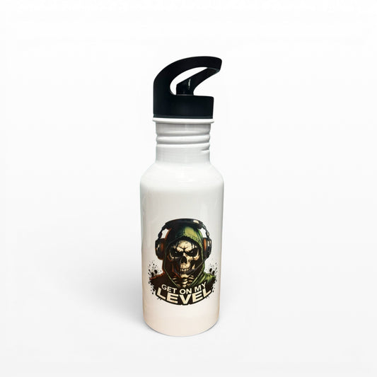 Illustrated Solutions Store white 600ml metal gaming water bottle with a skull wearing headphones and the text Get On My Level.