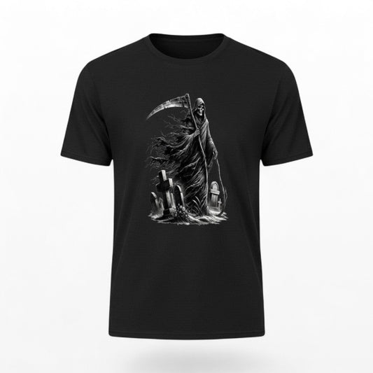 Illustrated Solutions Store black t-shirt with a high contrast grim reaper skull and scythe graphic on a graveyard background.