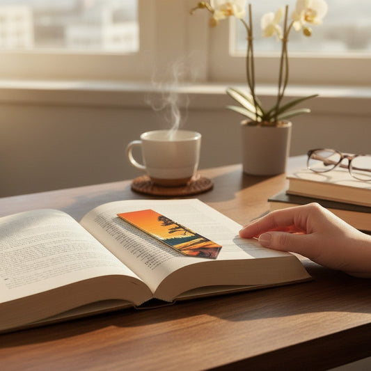 Illustrated Solutions Store leather bookmark with a sunset forest path design, perfect for readers.