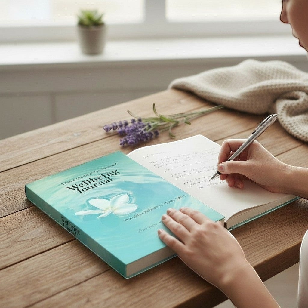 Illustrated Solutions Store wellbeing journal with a calming blue cover featuring a floating flower, open to pages of handwritten notes.