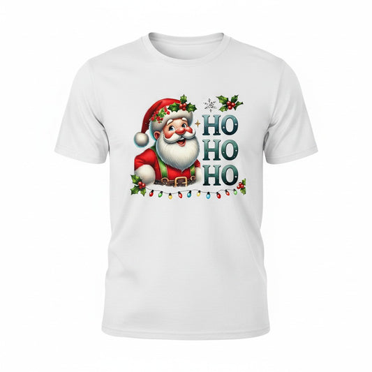 A white short-sleeve crewneck t-shirt featuring a festive Christmas graphic of Santa Claus and the text 'HO HO HO' in teal, with holly and holiday lights.