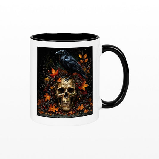 Gothic ceramic mug featuring a raven on a skull with autumn leaves and berries