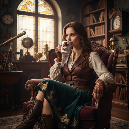 Woman enjoying a hot drink from a pink ceramic mug featuring an original steampunk cat illustration in a Victorian-inspired library setting.