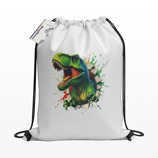 White drawstring bag with a colorful dinosaur design on a white background