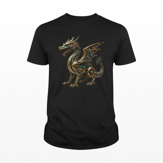 Black t-shirt with a dragon design on a white background