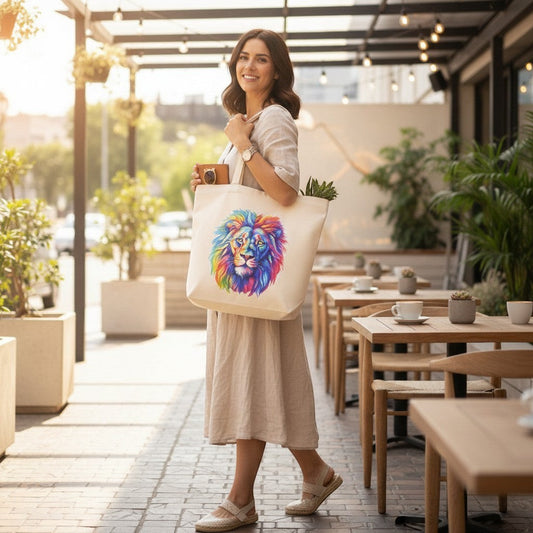 Woman holding a tote bag with a colourful lion design in an outdoor setting.