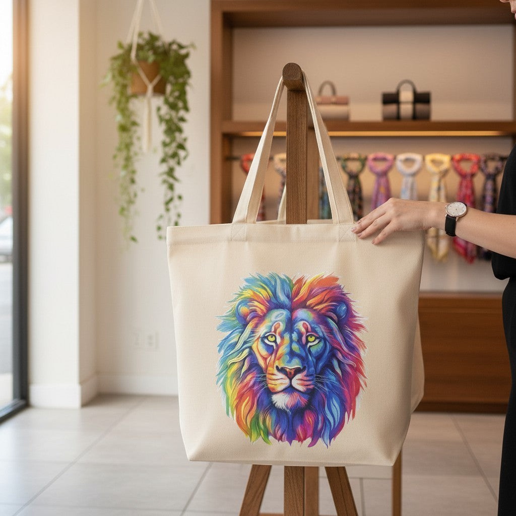 Tote bag with a colorful lion design held by a person in a room.