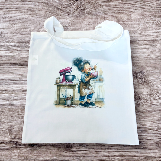 funny baking design on white tote bag hand printed UK