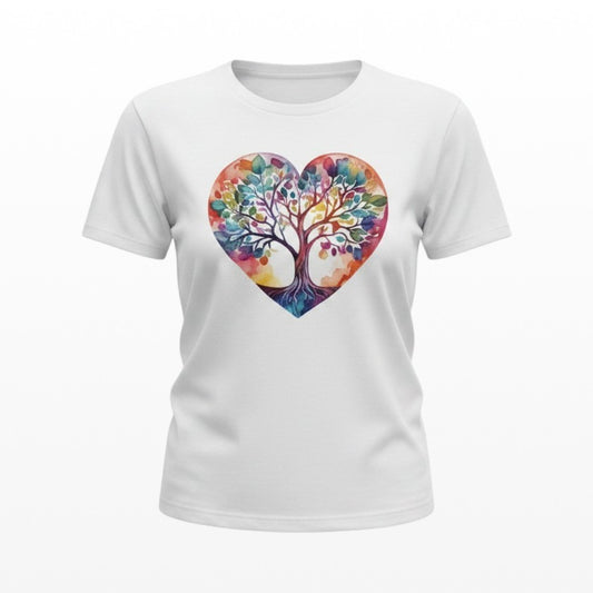 White t-shirt with a colorful heart-shaped tree design on a white background