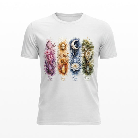 White unisex t-shirt featuring a four-panel floral and celestial spiritual design.