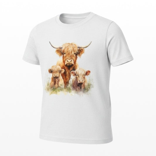 White t-shirt with watercolour Highland cow family graphic. Features a mother cow and two calves.