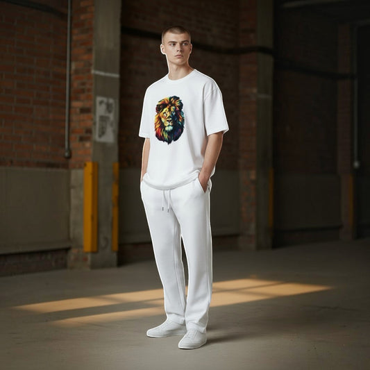 White unisex t-shirt featuring a vibrant watercolour lion graphic print on a male model.