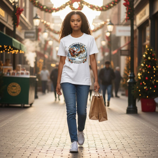 A woman walking down a festive, holiday-decorated city street wearing a white graphic t-shirt, blue jeans, and white sneakers, while holding a brown paper shopping bag.
