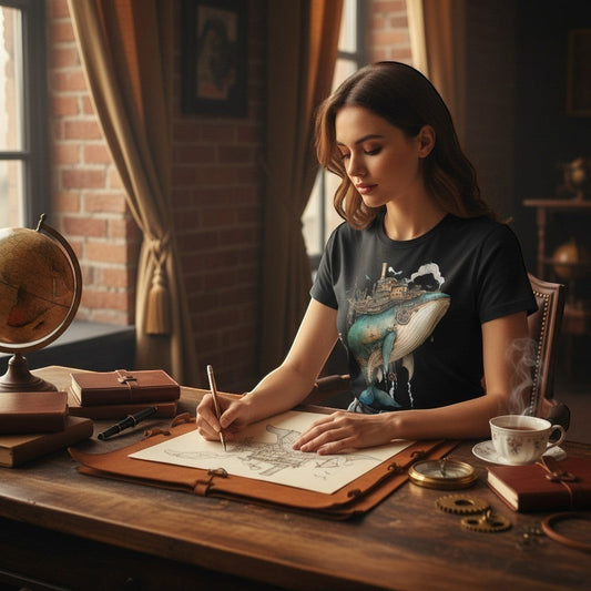 Lady wearing black tee with whale designs