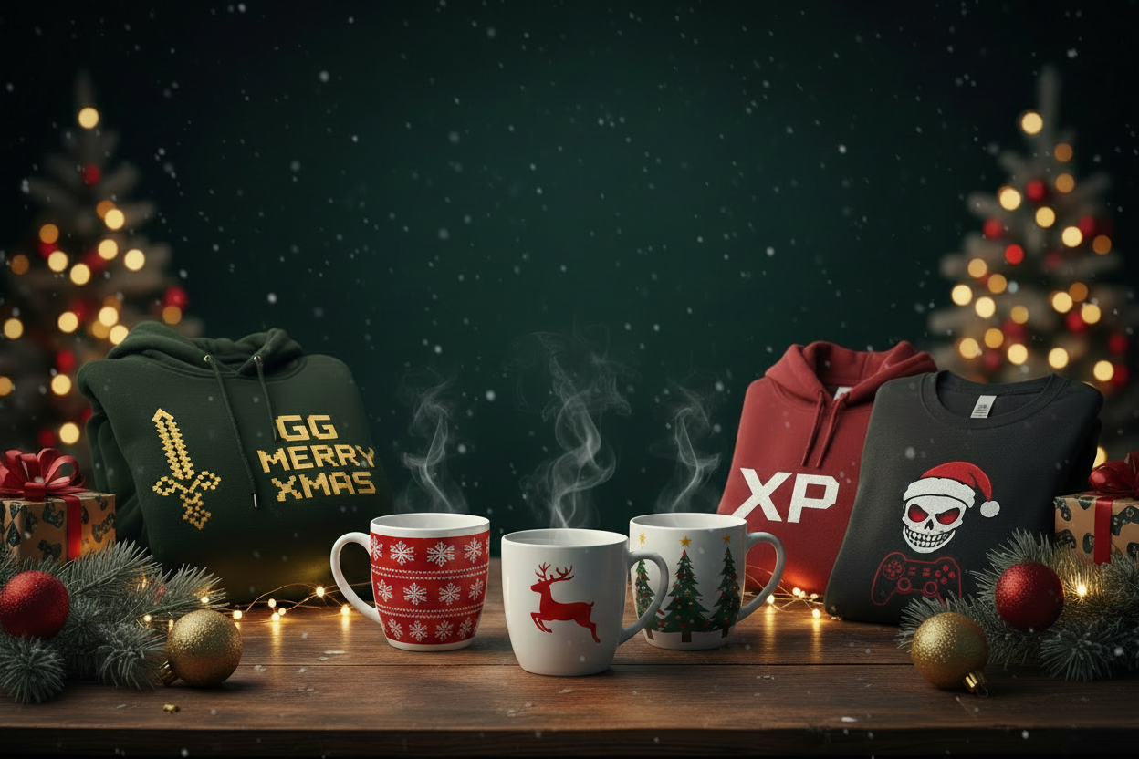 A styled holiday product display featuring four Christmas-themed hoodies and matching mugs on a wooden table, surrounded by pine branches, ornaments, and glowing Christmas trees in the background.