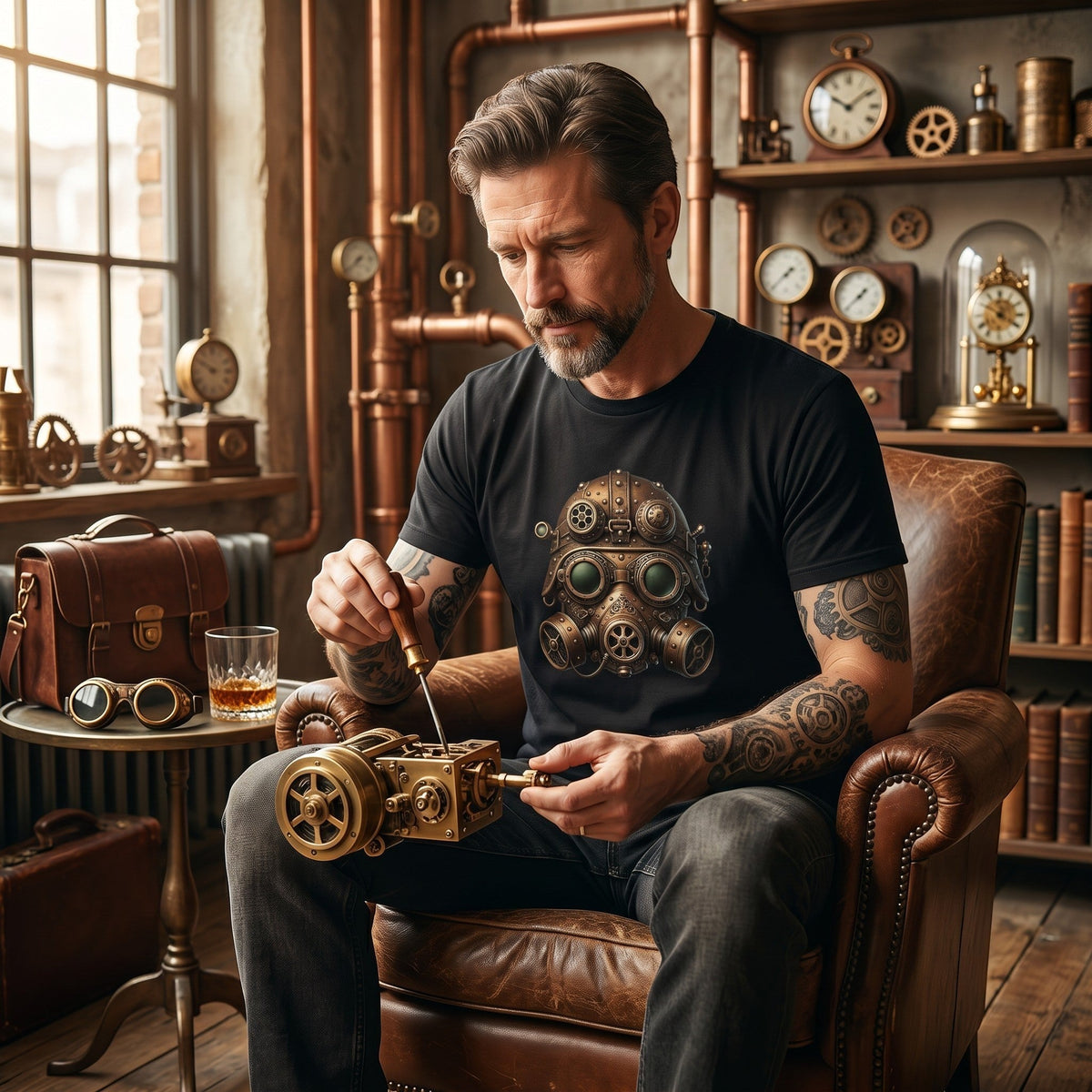 Illustrated Solutions Store black t-shirt featuring a detailed steampunk gas mask print worn by a man in a workshop.