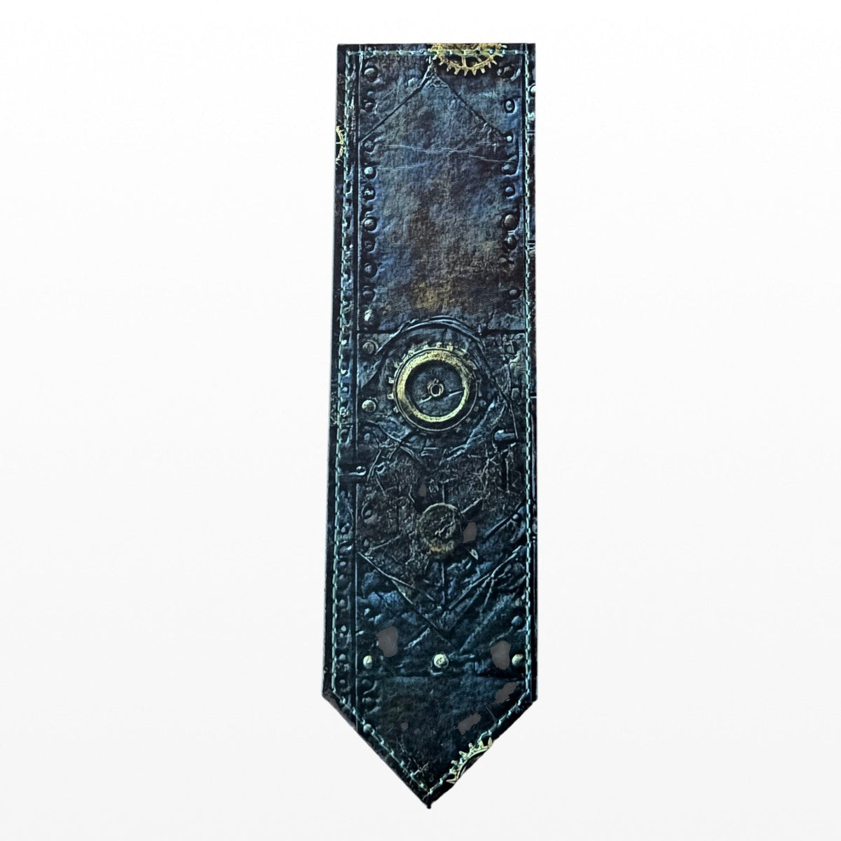 Illustrated Solutions Store steampunk leather bookmark featuring weathered metal panels, gears, and riveted details.