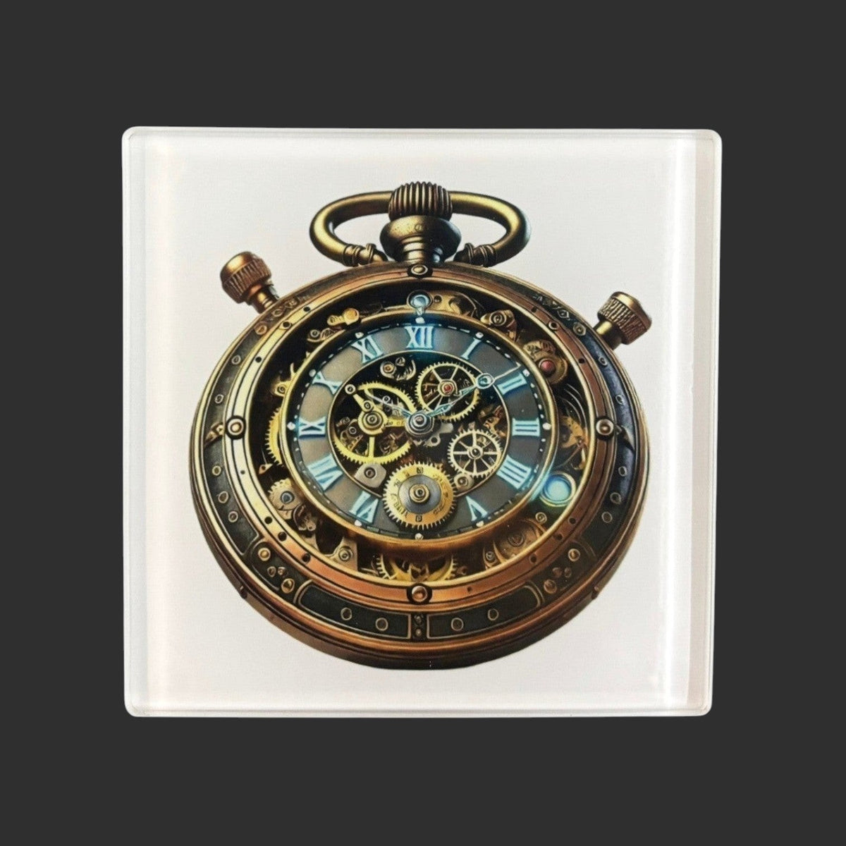 Illustrated Solutions Store square coaster featuring a detailed bronze steampunk pocket watch with visible gears