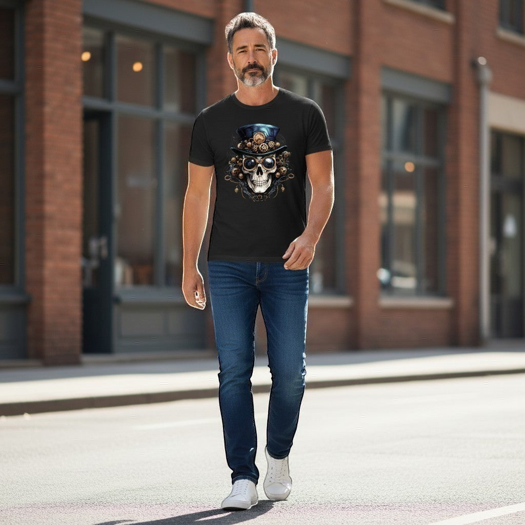 Man wearing a black t-shirt with a graphic design