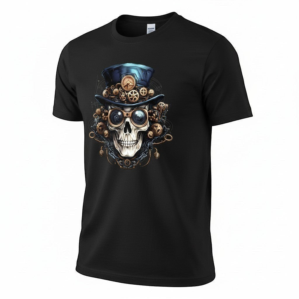 Black t-shirt with a steampunk skull design