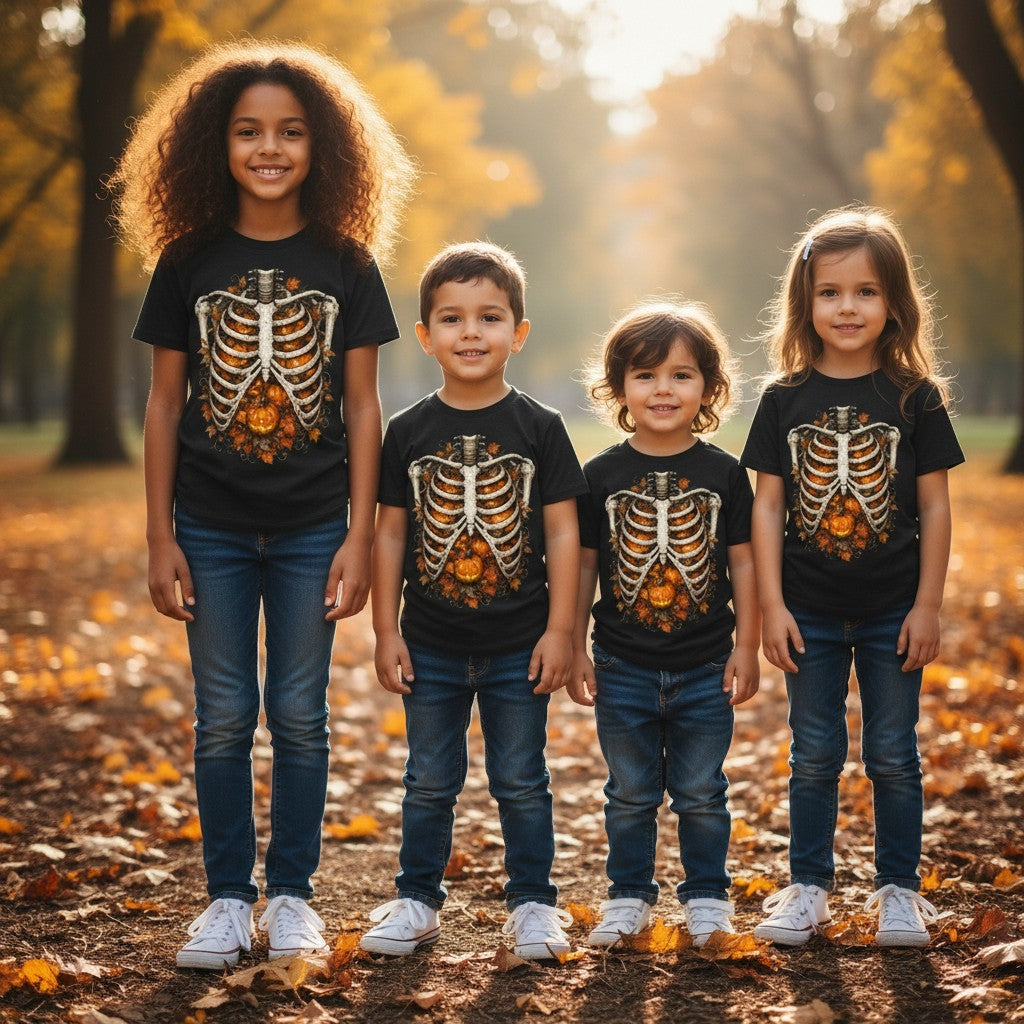Four children standing outdoors in an autumn park wearing matching black graphic T-shirts with a skeleton ribcage design over orange and gold autumn leaves, paired with blue jeans and white sneakers.