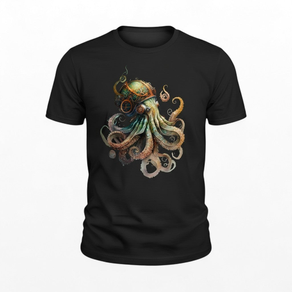 Black t-shirt with a colorful steampunk octopus design