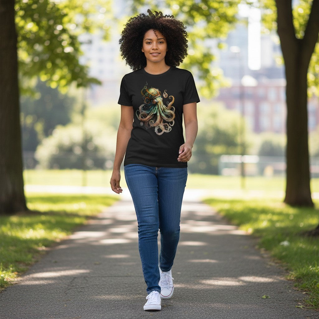 Woman walking in a park wearing a black t-shirt with an octopus design.