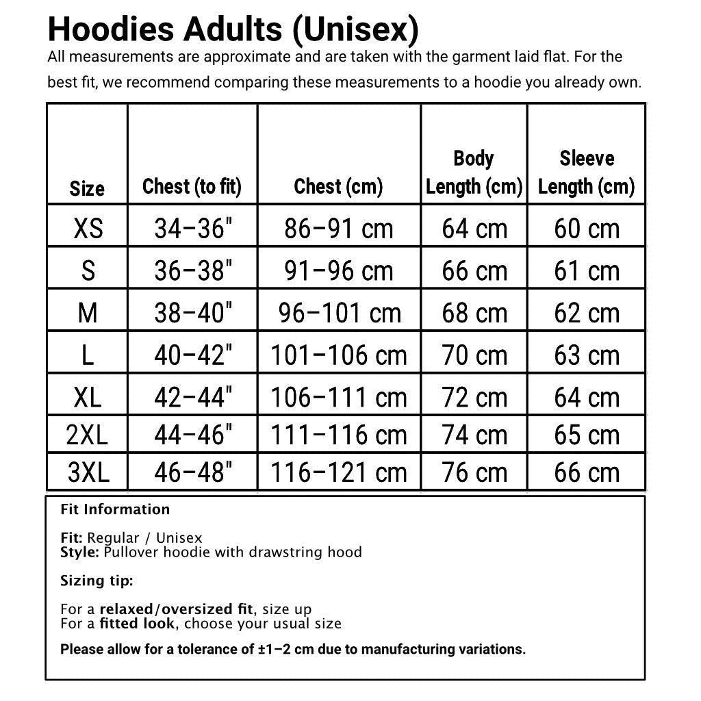 Adult Hoodies Sizing Chart showing chest, body length and sleeve length measurements