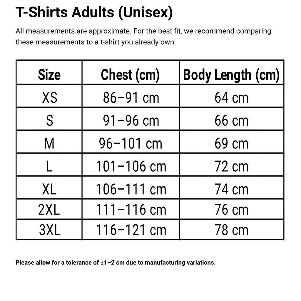 Size chart for t-shirts adults unisex with chest and body length measurements.