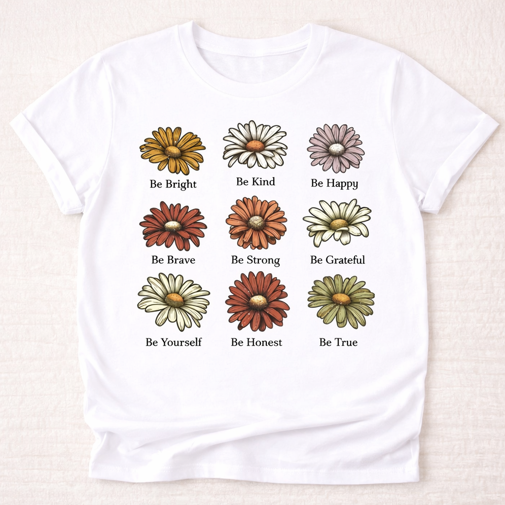 hand printed in UK floral design on a white tee showing 9 daisies and motivational text