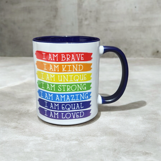 hand printed in the UK 2 tone inner and handle blue Mug with motivational phrases in rainbow colours