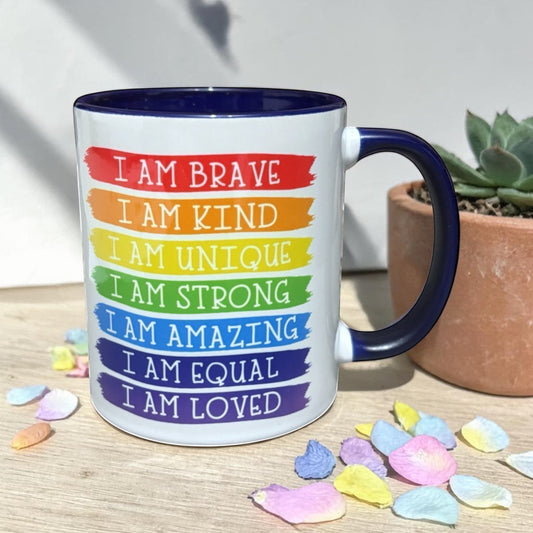 hand printed in the UK 2 tone inner and handle blue Mug with motivational phrases in rainbow colours