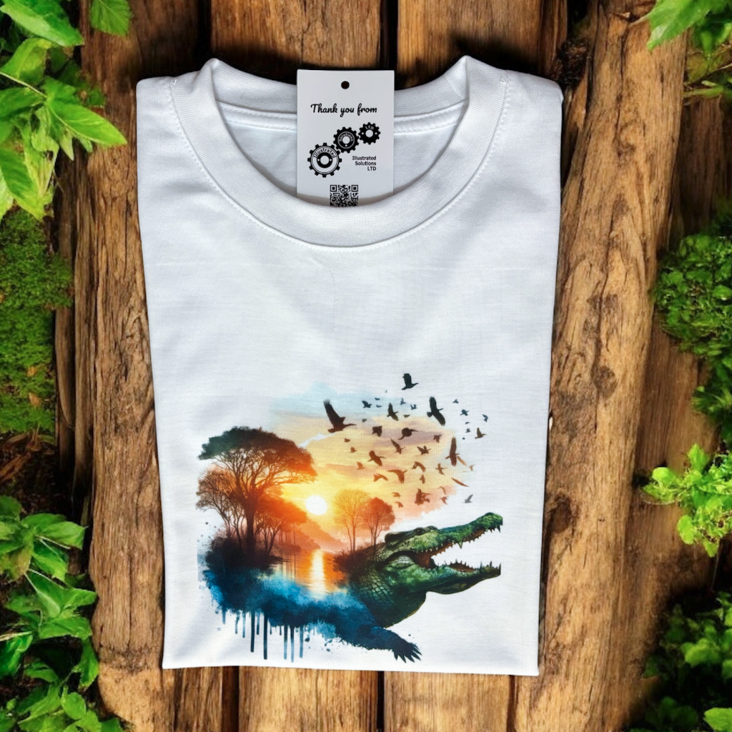 Alligator on a kids white t-shirt hand printed UK