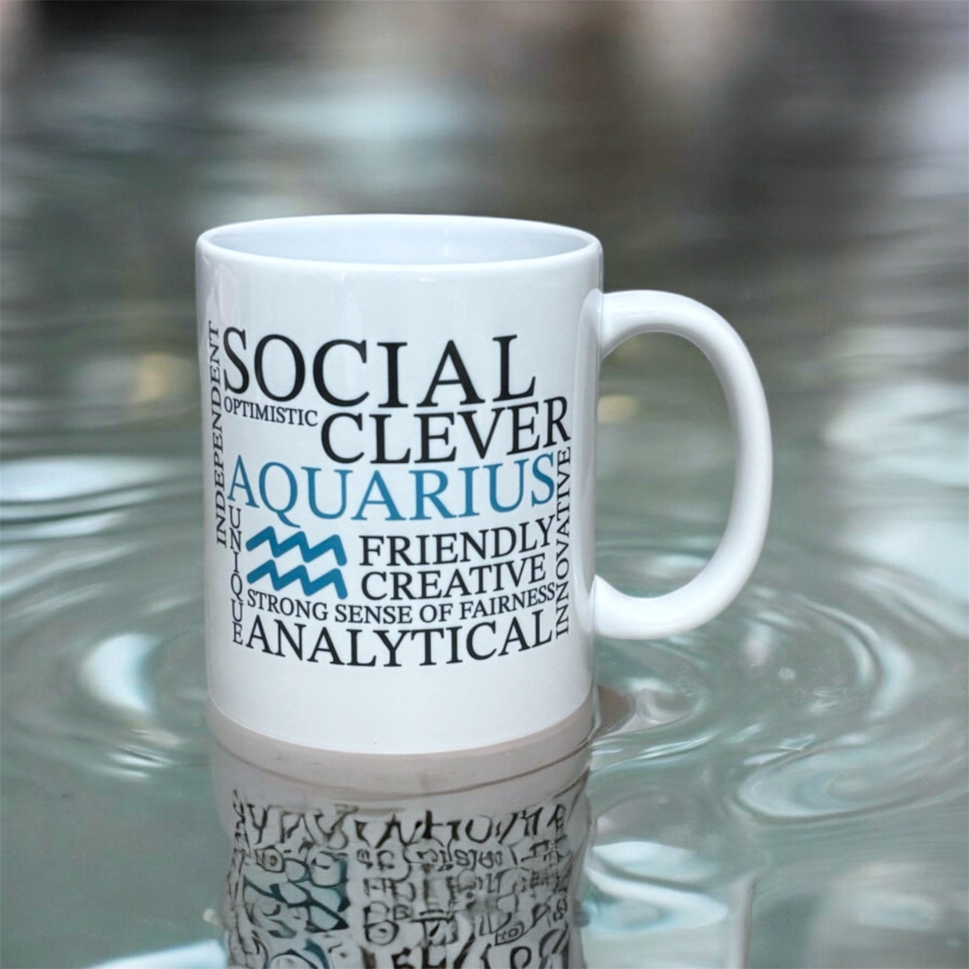 Aquarius zodiac mug on water with illustrated star sign design, printed by hand in the UK
