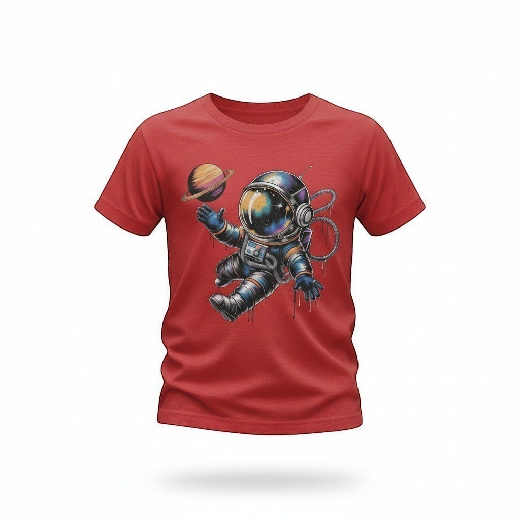 Red t-shirt with an astronaut graphic on a white background