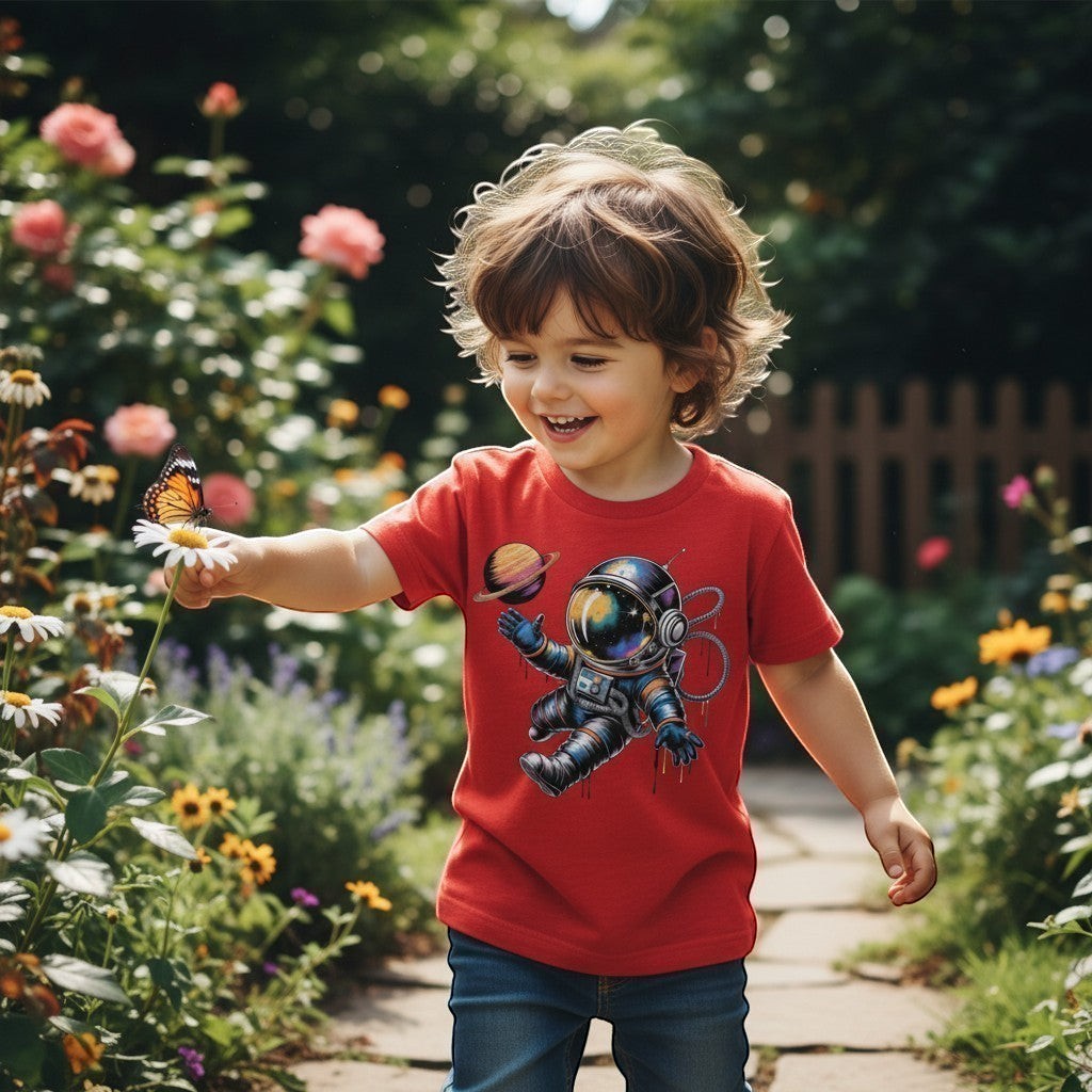 Child in a red t-shirt with an astronaut design standing in a garden with flowers and a butterfly.