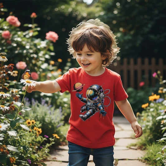 Child in a red t-shirt with an astronaut design standing in a garden with flowers and a butterfly.
