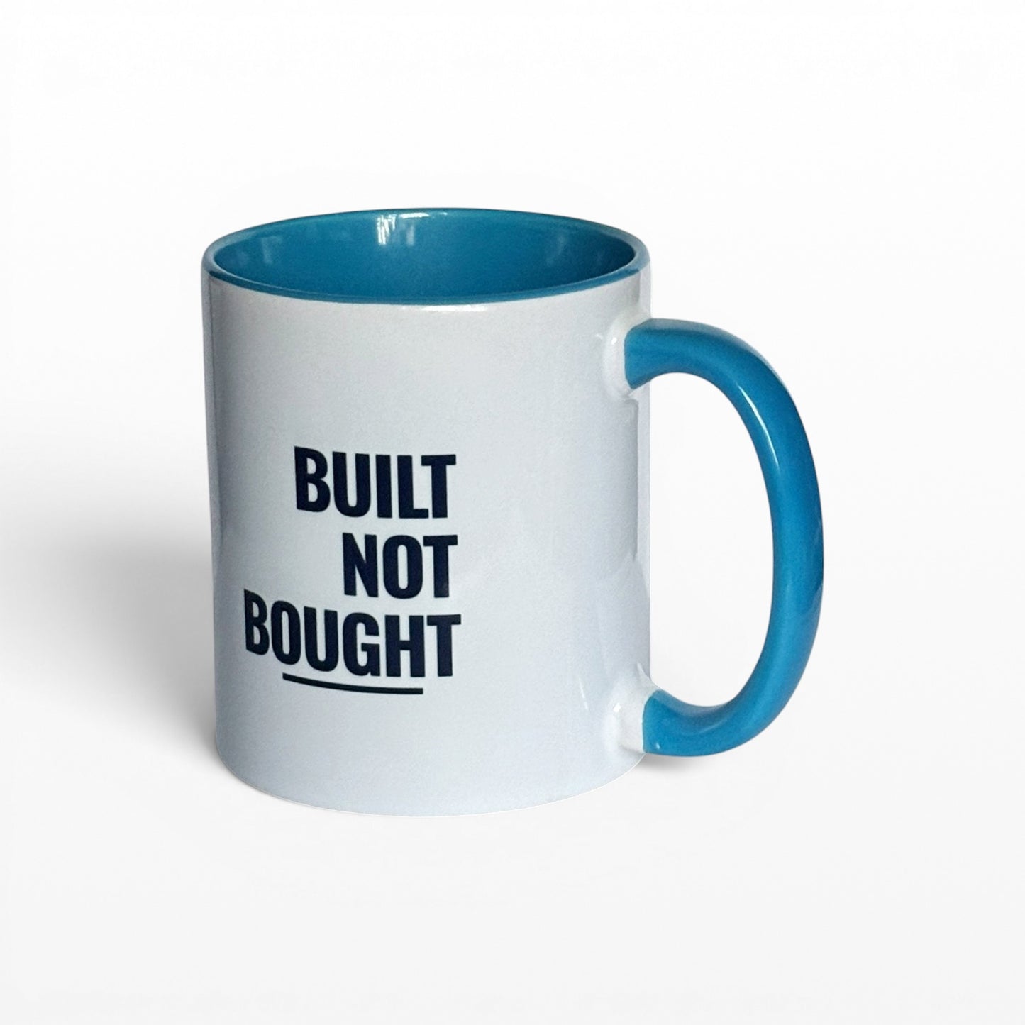 Built Not Bought car enthusiast light blue mug front view