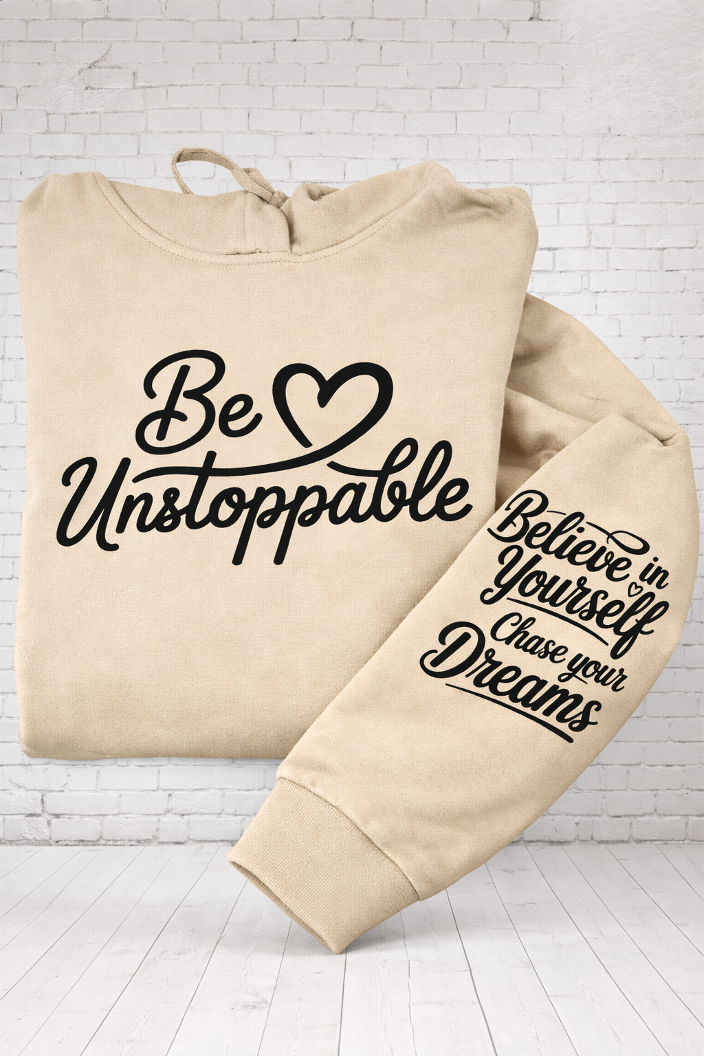be unstoppable text on sand hoodie hand pressed UK