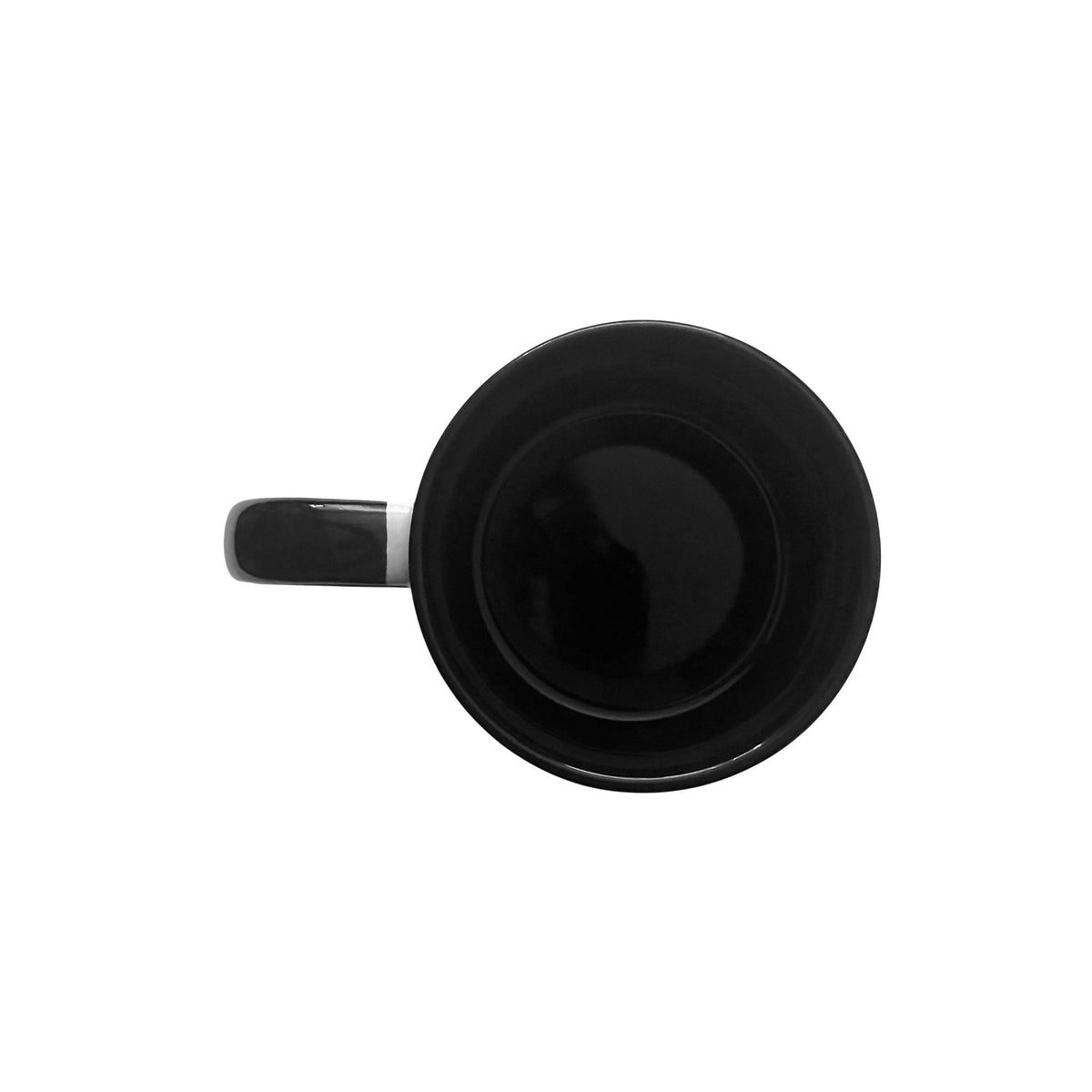 A top-down view of a glossy black ceramic mug with a black handle and inner, isolated on a white background.