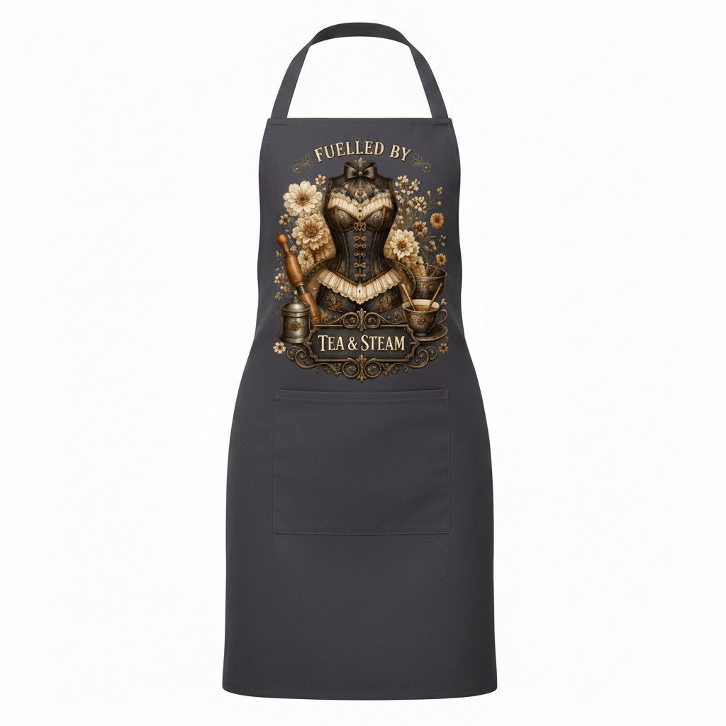 Grey apron with a decorative design and text on a white background