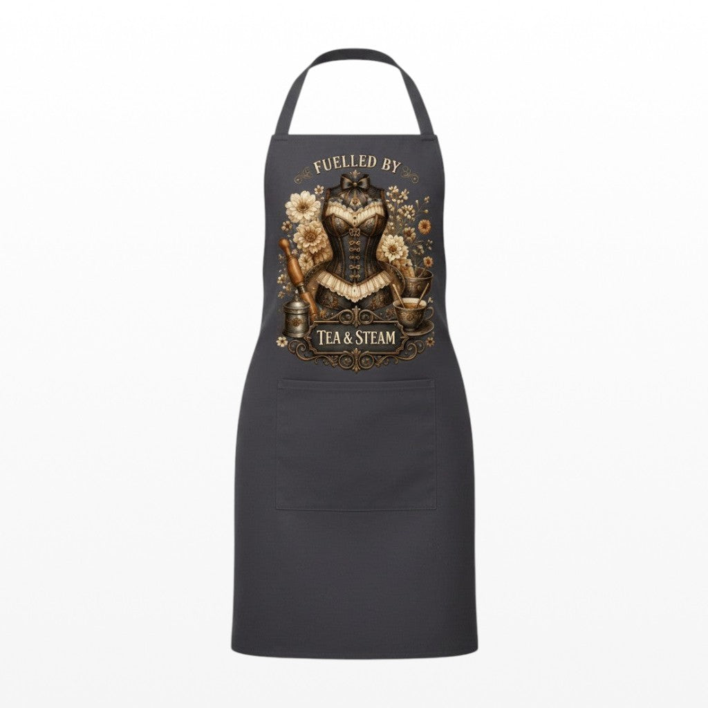 Grey apron with a decorative design and text on a white background