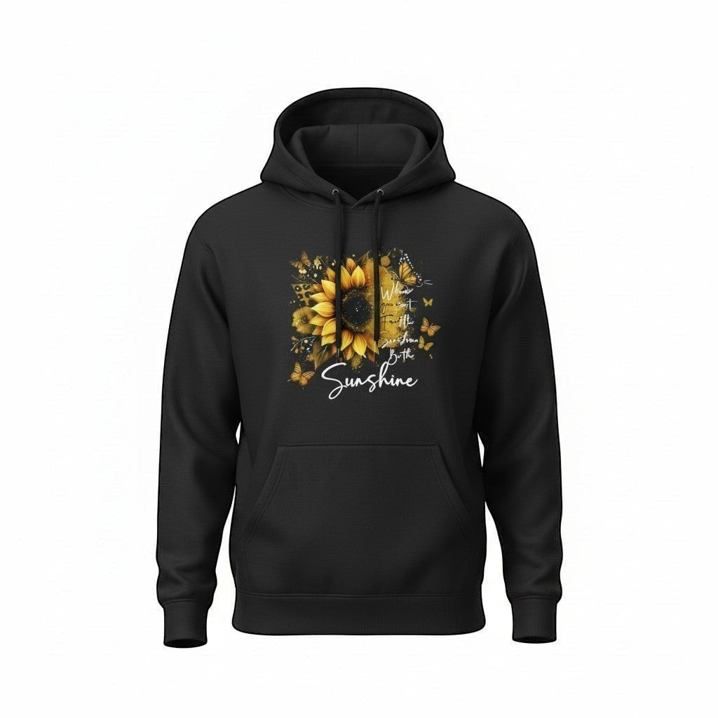 Black hoodie with sunflower design and text on front