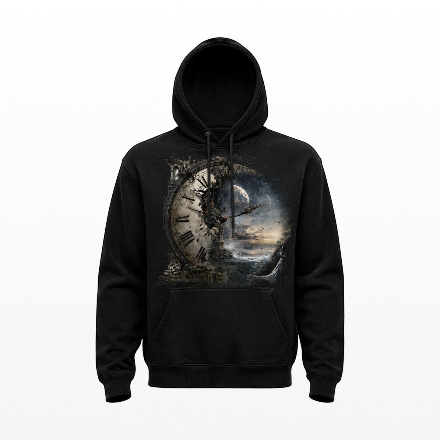 Black hoodie with a clock design on a white background