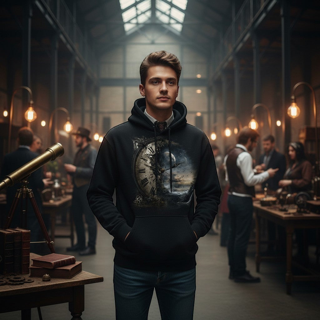 Man wearing a hoodie with a graphic design in a vintage-style room with people and old equipment.