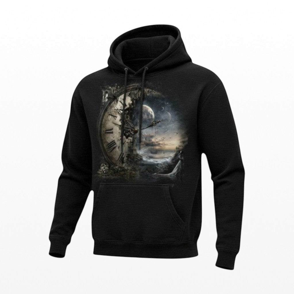 Black hoodie with a clock design on a white background
