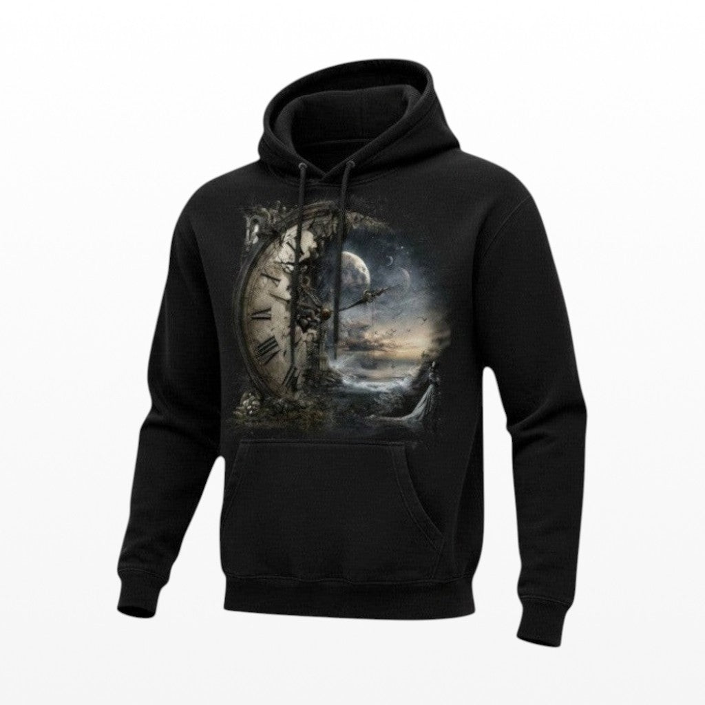 Black hoodie with a clock design on a white background