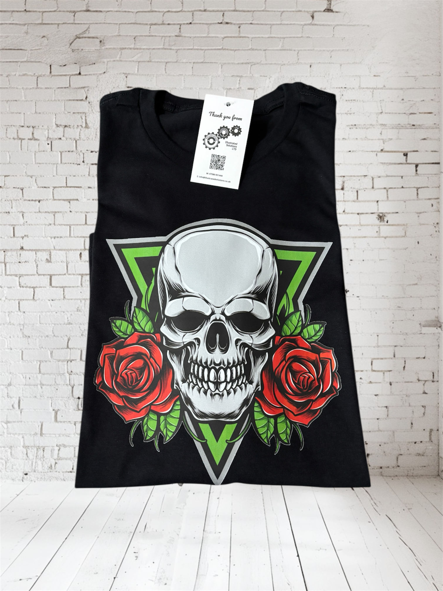 Black tee with skull and roses hand pressed UK